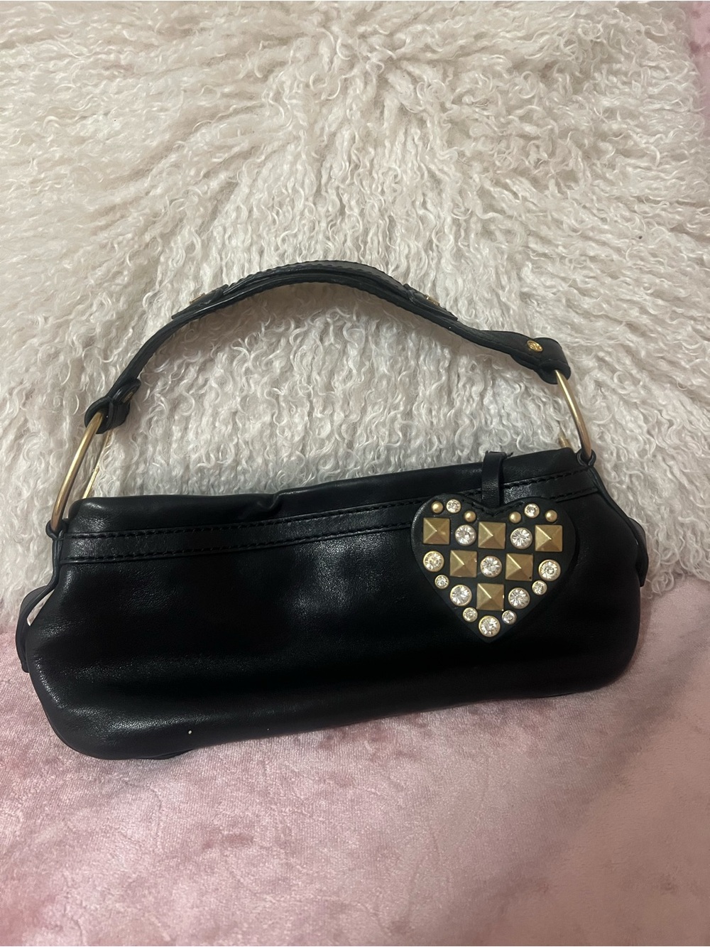 Vintage Juicy Couture Black Mini Shoulder Bag with Embellished Heart Charm